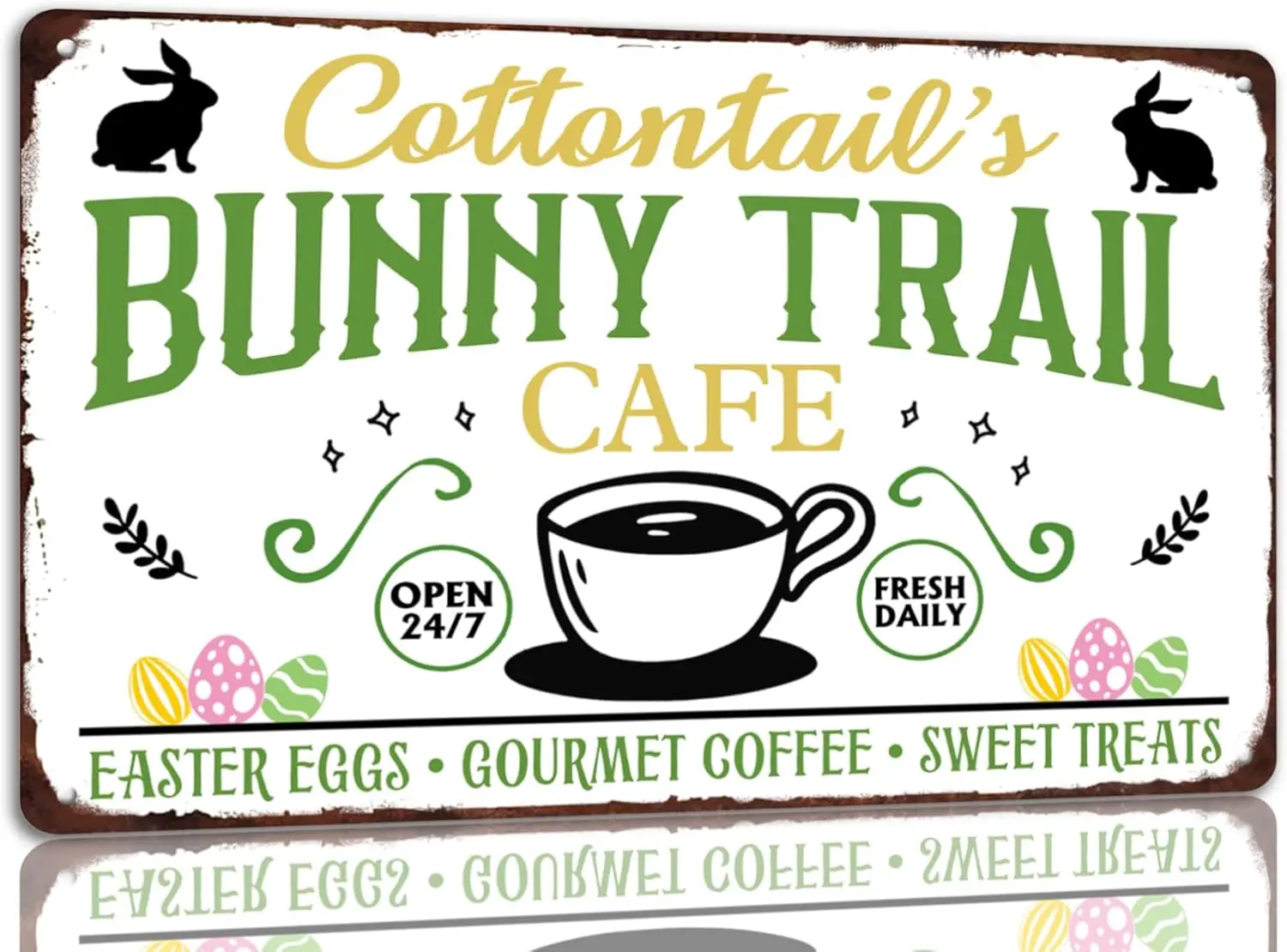 Cartel de chapa de Cottontail's Bunny Trail Cafe, carteles de Metal Vintage de Pascua, decoración de conejo divertido, ramo de huevos de primavera, arte de pared de pollito