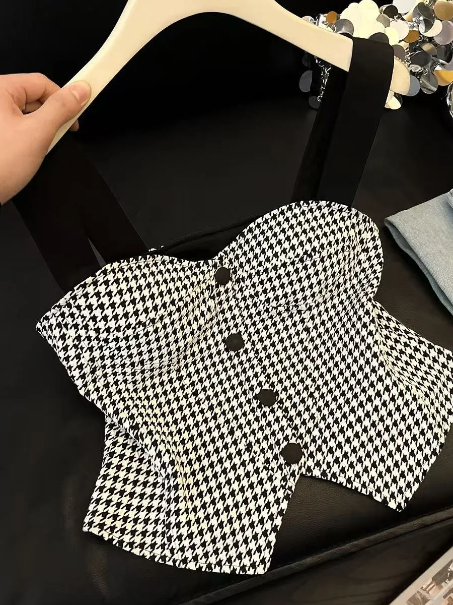 High-End Summer Women's Checkered  Vest Strapless Short Sleeveless Top Elegant Style Polyester Fiber Casual Wear