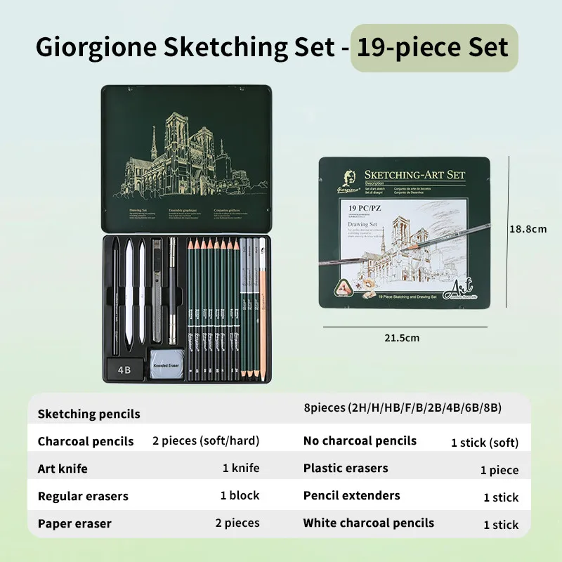 GOIRGIONE Pro Schetsset 10/12/19/27 Grafiet- en houtskoolpotloden Draagbare groene ijzeren doos Tekening Schetsen voor kunstenaars Studenten