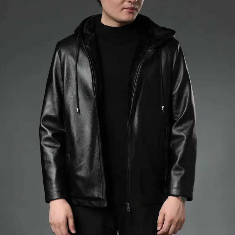 Men\'s Hooded Motorcycle Leather Jacket/Winter Thick Fleece Warm and Windproof Casual Men\'s Fashion Fake Leather Jacket