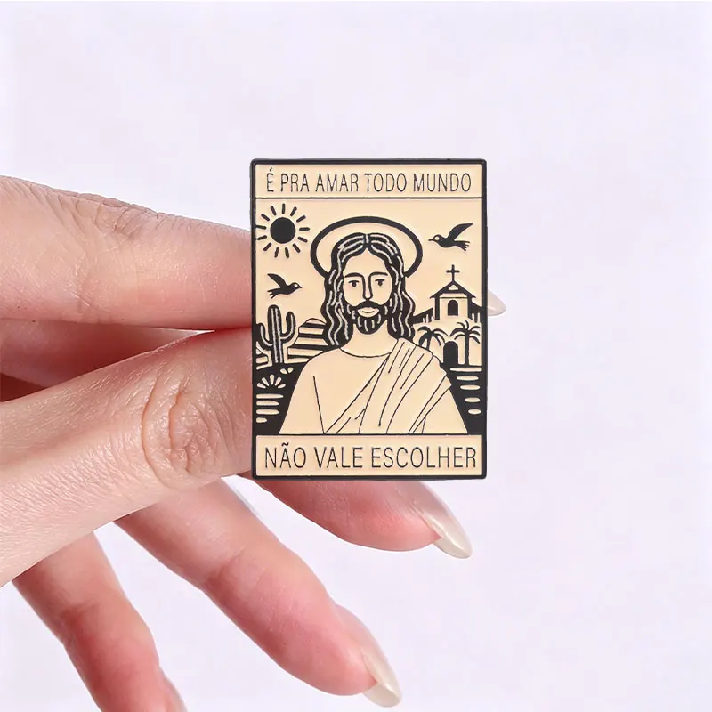 Jesus Christus, religiöses Emaille-Abzeichen mit portugiesischem Text „E Pra Amar Todo Mundo“ und Statue-Anstecknadel, Metallbrosche für Gläubige. – Detail 8