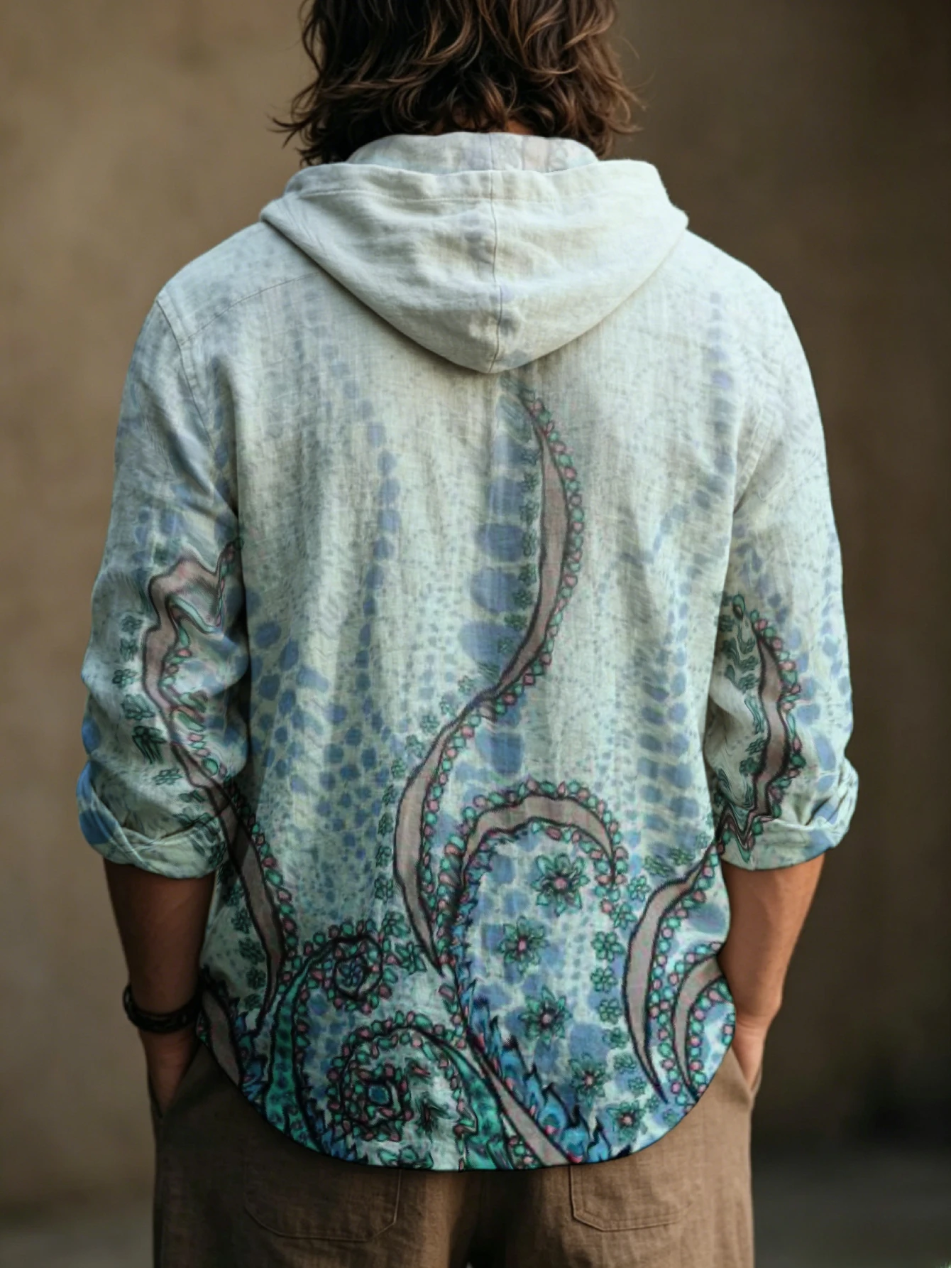 Men Vintage Paisley Print Hooded Henley Shirt Long Sleeve Polyester Casual Top