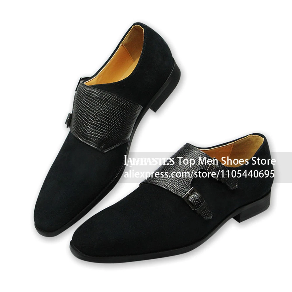 Black Suede Double Monk Strap Dress Shoes Lizard Embossed Patchwork Pointed Business Leather Shoes Splicing Formal Shoes for Men