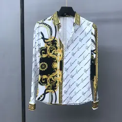 Camisa de manga larga con estampado Retro para hombre, camisa ajustada de gama alta, estilo coreano, alta calidad, otoño