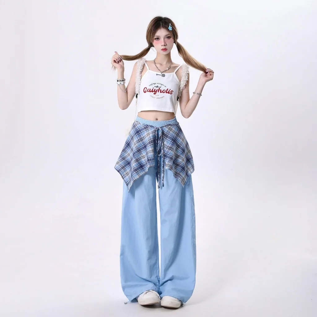 Y2k Clothing Casual Pants  Streetwear Women Autumn American High Street Vintage Plaid Skirt Hem Design Loose Straight Pants New