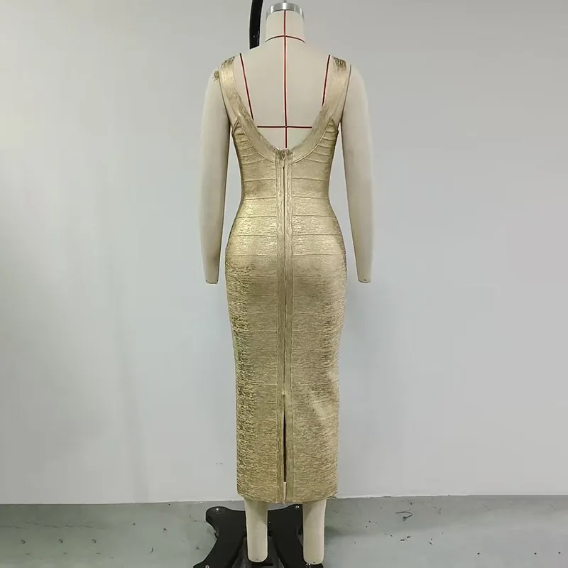 Women's Gold Square Neck Bodycon Bandage Dress Sexy Sleeveless Low Cut Backless Long Evening Party Cocktail Gown Fashion Style - view 6