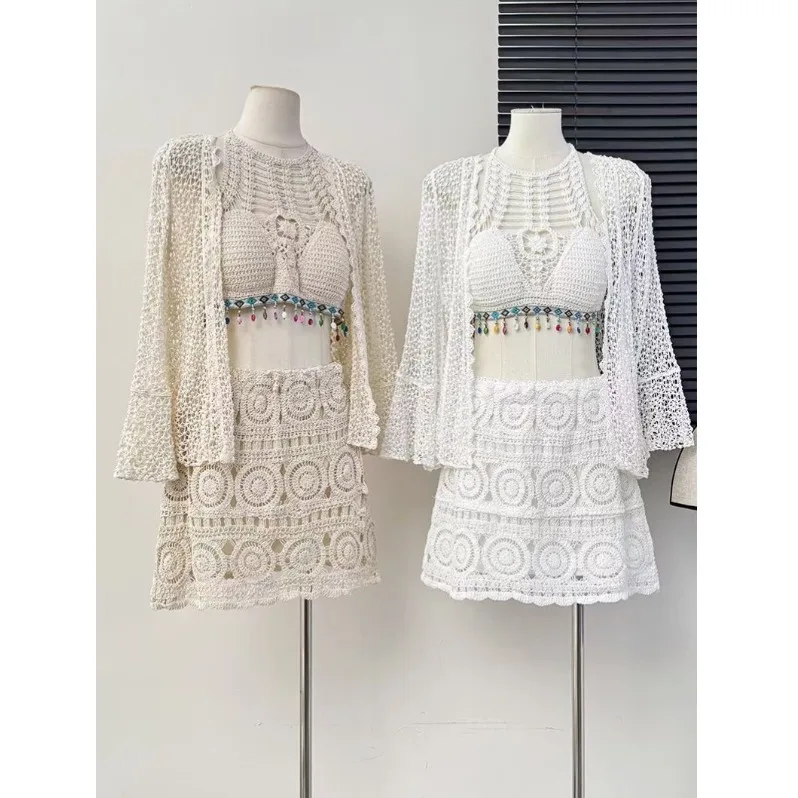 

Пляжный комплект Vaion Sle Onsen, женский укороченный топ из бисера в стиле ретро, ажурный кардиган, крючок, цветок, юбка, футболка, комплект