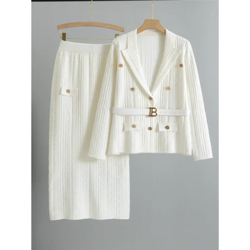 Chic Design Knitted 2 Piece Sets Women Single Breasted Knit Sweater Cardigan Tops With Belt Conjuntos High Waist Skirts Outfit view 2