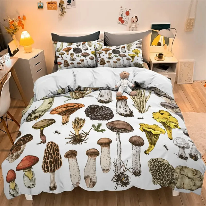 Watercolor Mushroom Duvet Cover Set Wild Forest Various Mushroom Bedding Set Fantastic Landscape Comforter Cover for Kids Adults