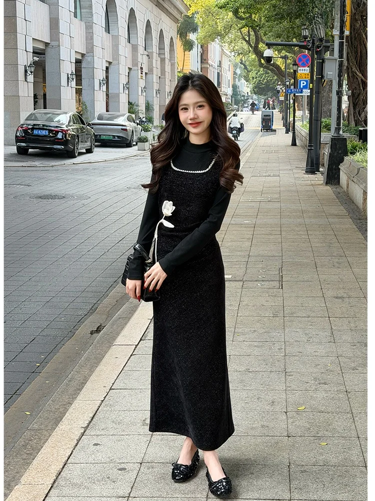 

Платье с жемчужным плетением, завышенной талией, квадратным вырезом, эффектом похудения, осенне-зимнее, модное, во французском стиле, А-силуэт, юбка-платье