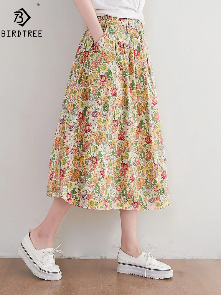 

New Summer Cotton A-Line Skirts Women Elastic Waist Floral Skirt Mori Girl Sweet Vacation Loose Skirts 2024 Autumn B46167QM