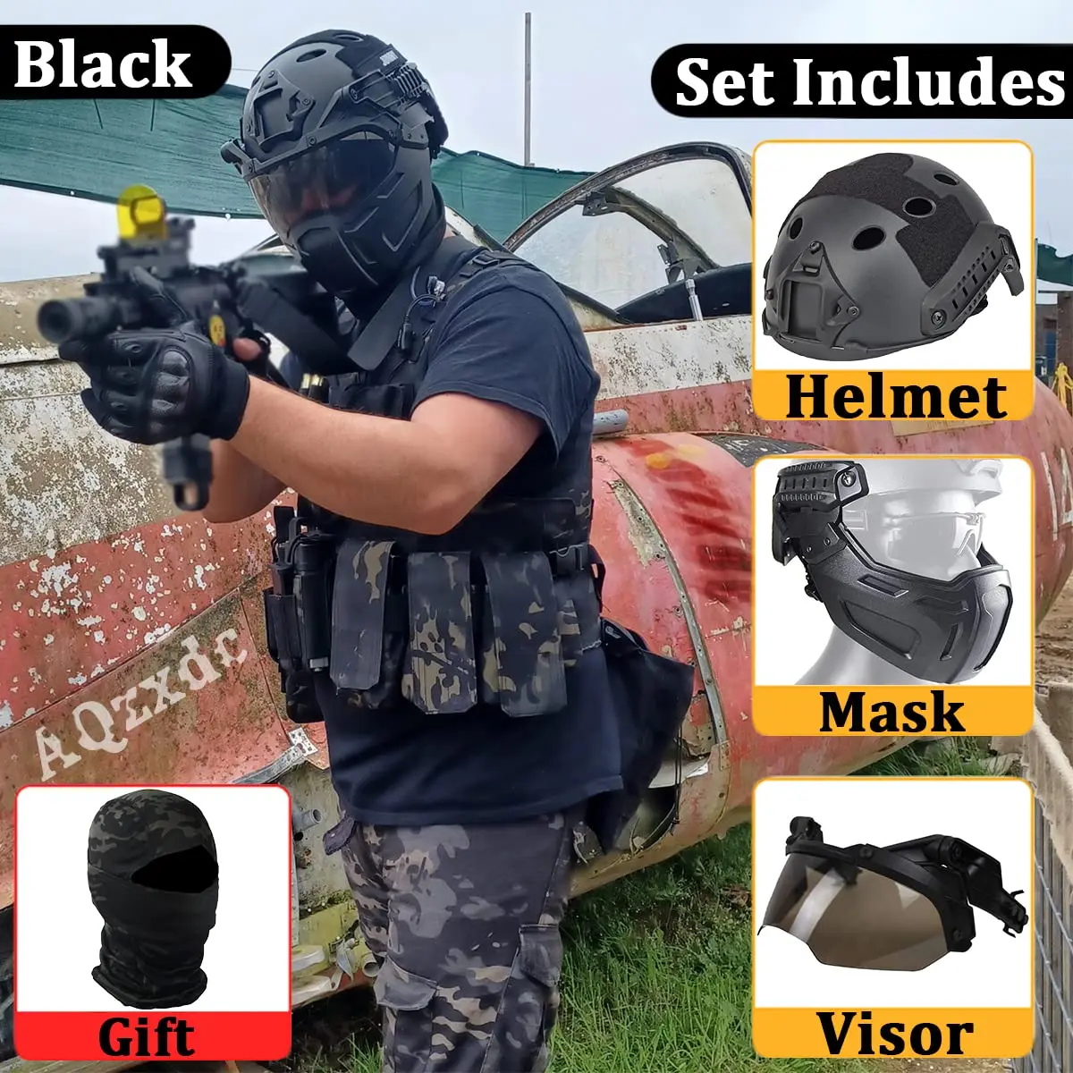 AQzxdc Tactical Fast Helmet with Tactical Mask and Visor for Airsoft Paintball CS Games Outdoor Sports