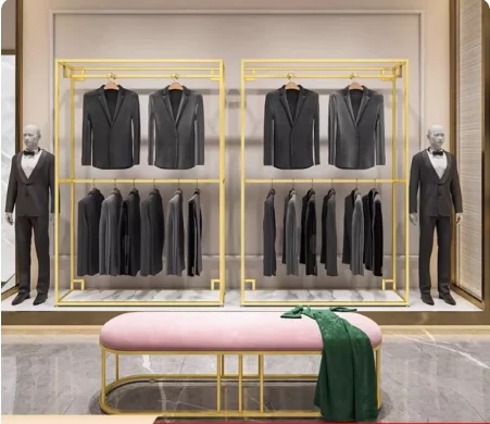 Wedding Rack Studio High-end Floor Men's Clothing Shelf Double-layer Suit Hanger Gold Clothing Display