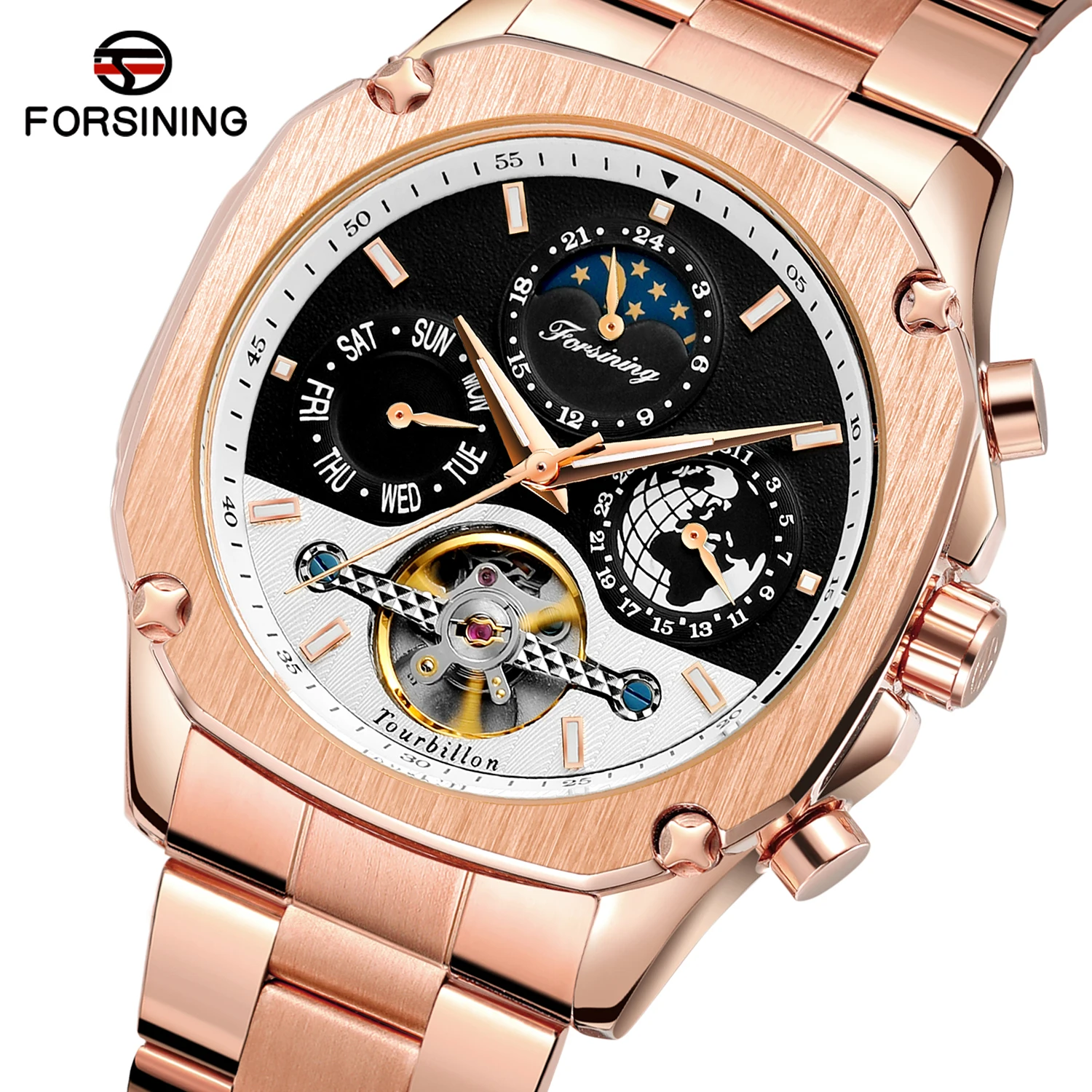 

FORSINING Moon Phase Reloj Hombre Tourbillion Automatic Self Wind Mechanical Men's Sport Watch Wrist Watch Stainless Steel Watch