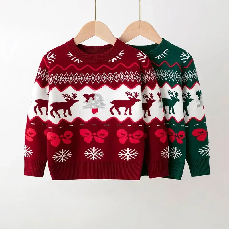 Christmas Bottomed Sweater Winter Boys Girls Xmas Warm Cotton Pullover Kids Knit Clothes Autumn Children Print Knitwear 2-6 Year