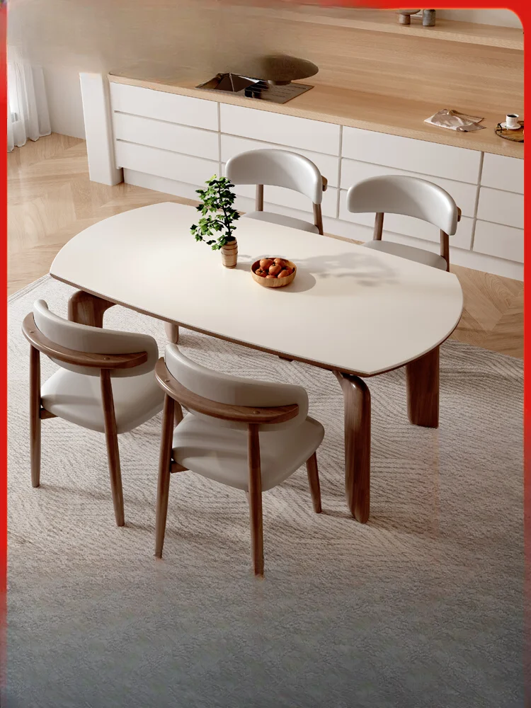 Slate dining table household small apartment retractable square and round dual-purpose table cream wind all solid wood