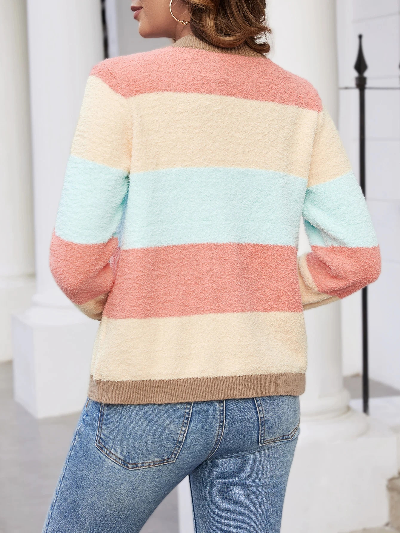 Color matching cardigan temperament color loose knit sweater women\'s long sleeve loose knit jacket