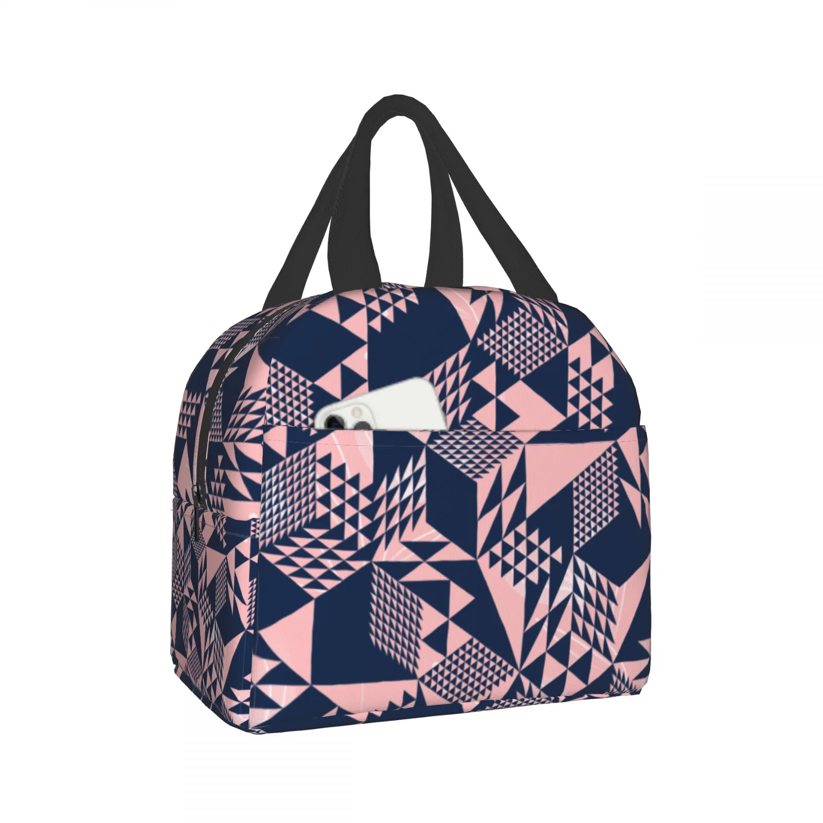 Pink and Blue Geometric Pattern Lunch Bag, Stylish Modern Design, Front Phone Pocket, Ideal for Daily Use, Thermal Tote for Meal