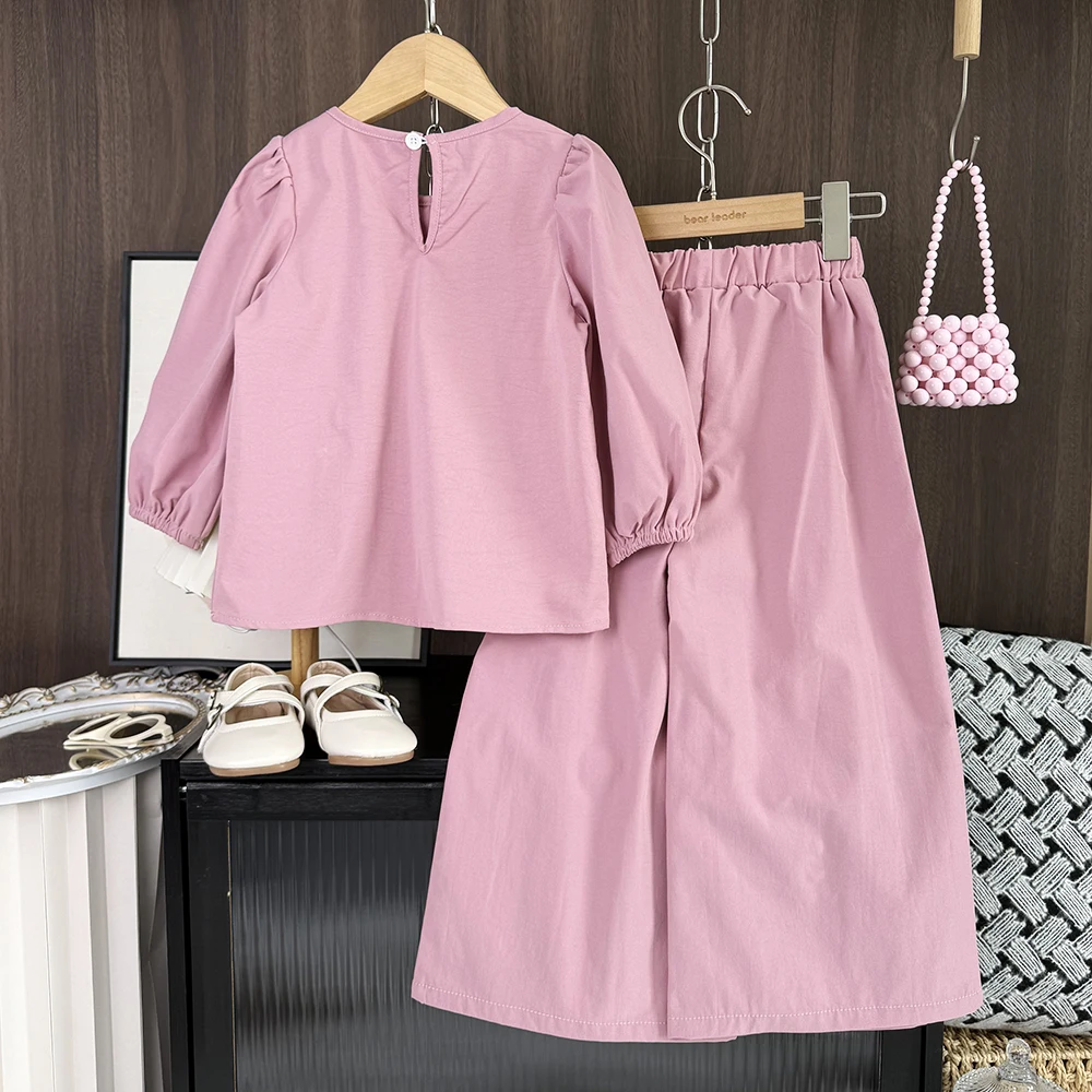 Pink Solid Color Autumn New Girls' Casual Suit Sweet Bow Long Sleeved Top+pleated Wide Leg Pants Two-piece Set Korean Version