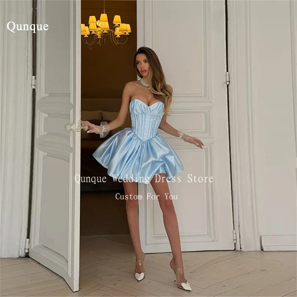 

Qunque Satin Sweetheart Prom Dress Sleeveless Pleated Sky Blue Short A Line Fluffy Party Dresses Robes De Soirée Customized