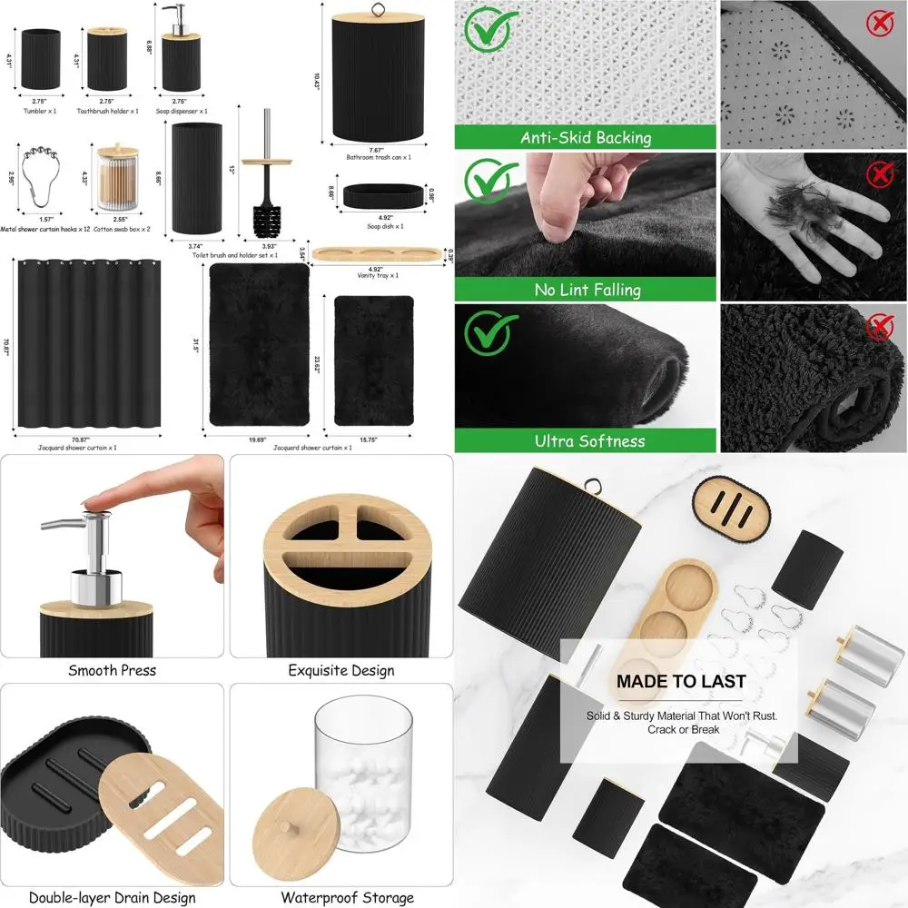 

24-Piece Black Bathroom Accessory Set: Shower Curtain, Rugs, Trash Bin, Toilet Brush, and Soap Dispenser - Modern Home Bath Deco