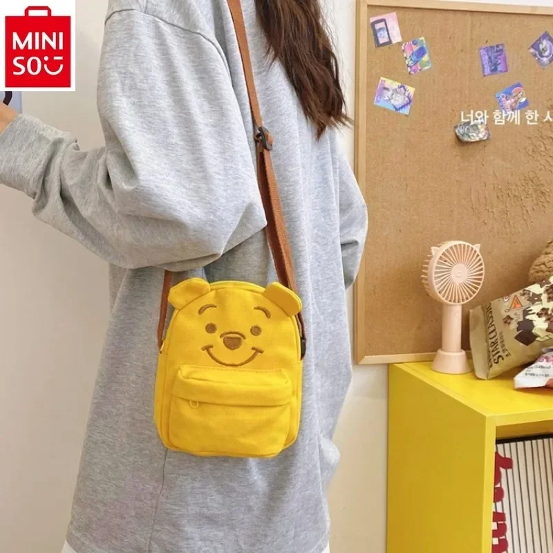 MINISO 2024 Summer High Quality Canvas Mini Shoulder Bag Student Multi functional Cartoon Winnie the Pooh Crossbody Bag