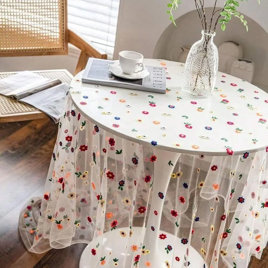 1pc Floral Embroidery Lace Tablecloth Colorful Embroidered Table Cover Overlay For Wedding Kitchen Dining Home birthday Decor
