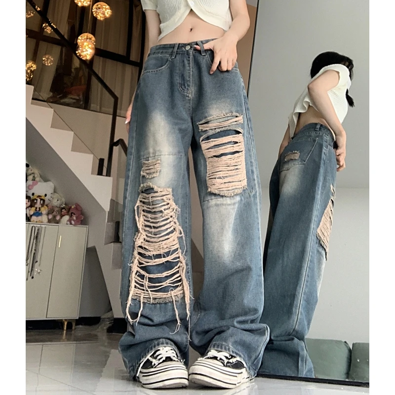 

Vintage Women Blue Jeans Worn-out Y2K High Waist American Streetwear Wide Leg Pants Fashion Straight 2023 Summer Female Trouser