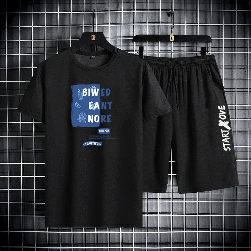 

2025 Summer Cool and Breathable Short Sleeve Tee + Shorts two-piece Quick Drying Sports Set Fashion Printed Running t shirt man