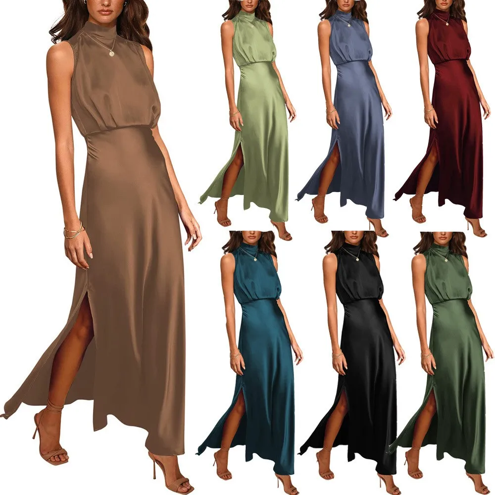 Sleeveless Stand Collar Slim Fit Dress Socialite Style with Wrinkle Finish Bodycon Midi Waist Long Dress for Women Spring