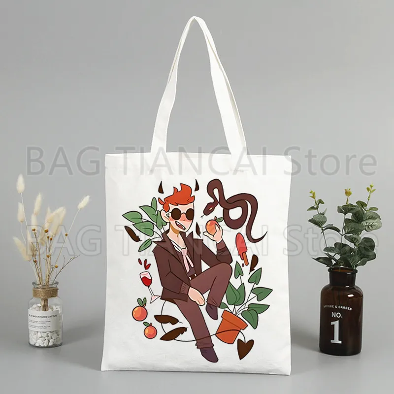 Good Omens To The World Shopper Bags for Women Resuable Tote Bag Harajuku Large Capacity Shopping Bag Anime Printing