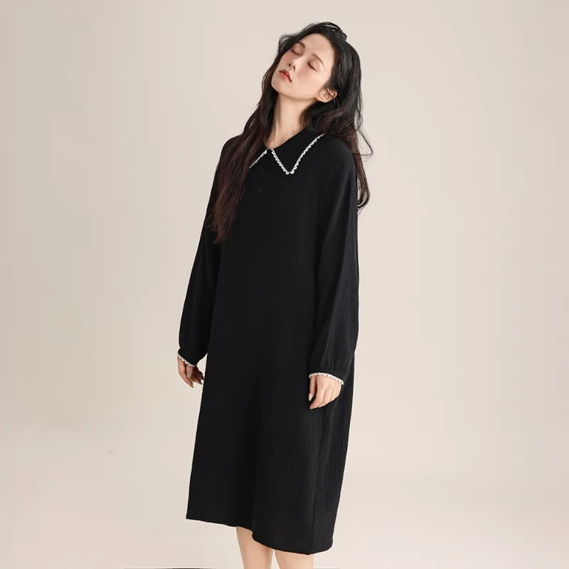 Double-layer Crepe Fabric Slimming All-cotton Long Nightgown Pure Color Cute Long-sleeved Nightgown for Women  Autumn Home Wear.