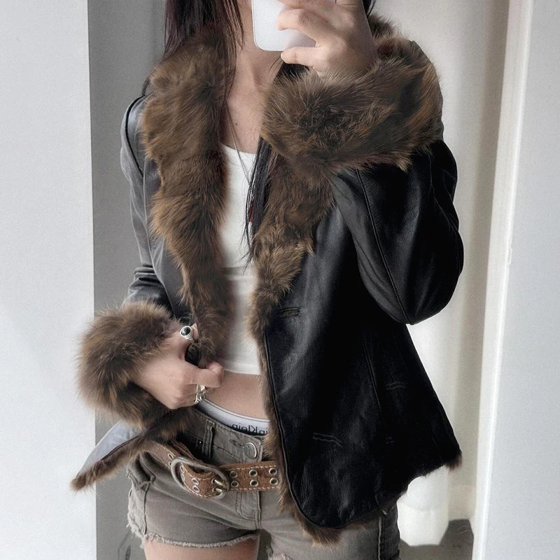 

Slim PU Vintage Fur Patchwork Coat American Black Pu Leather Spice Girls Fairycore Jacket Harajuku Streetwear Hip Hop Outwears