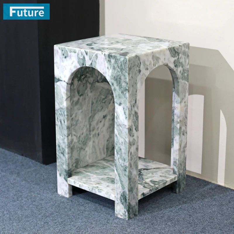 Marble Supplier Modern Calacatta Green Marble Stone Side Sofa End Table with Low Plinth for Apartment Living Room Furniture