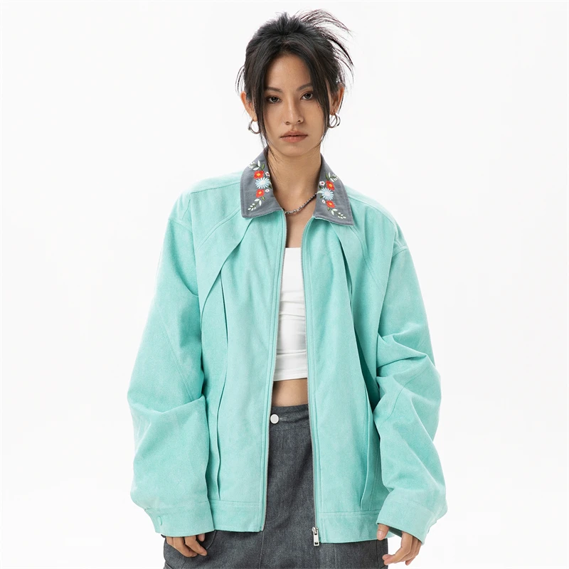 Jackets for Women 2024 Fall New in Outerwears Light Green Fashion Women\'s Bomber Jacket Lapel Embroidery Female Outdoor Clothes