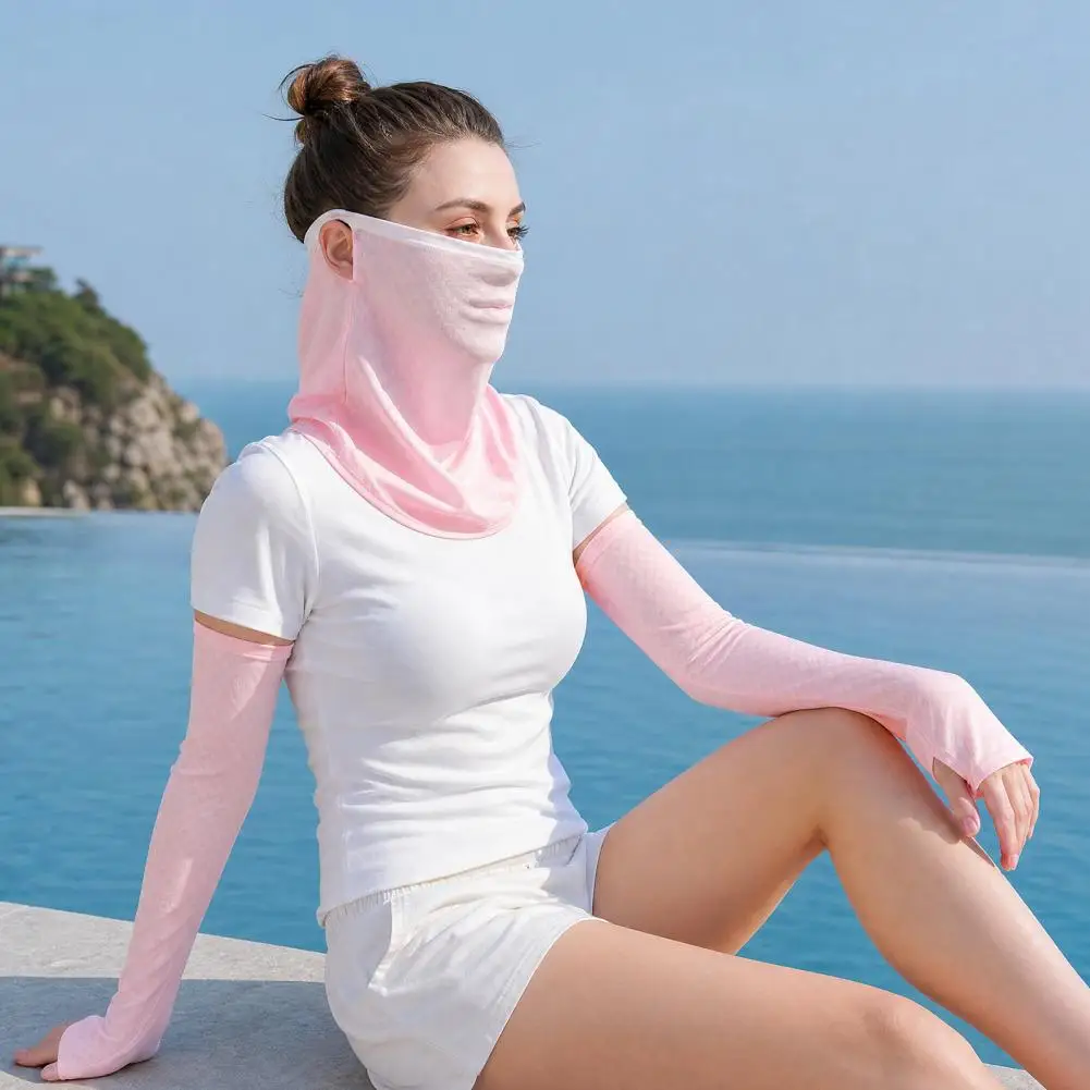 2Pcs/Set Face Guard Sun Protection Oversleeve Set, Ice Silk Arm Sleeves with Thumb Buckle Cuffs, for Outdoor Camping