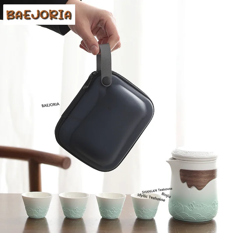 BAEJORIA Teapot And Tea Cup Set Kit  Tea Making Travel Tea Set Outdoor Portable Bag Sea Wave Tea Set Supplies 1 Bowl 4 Cups Gift