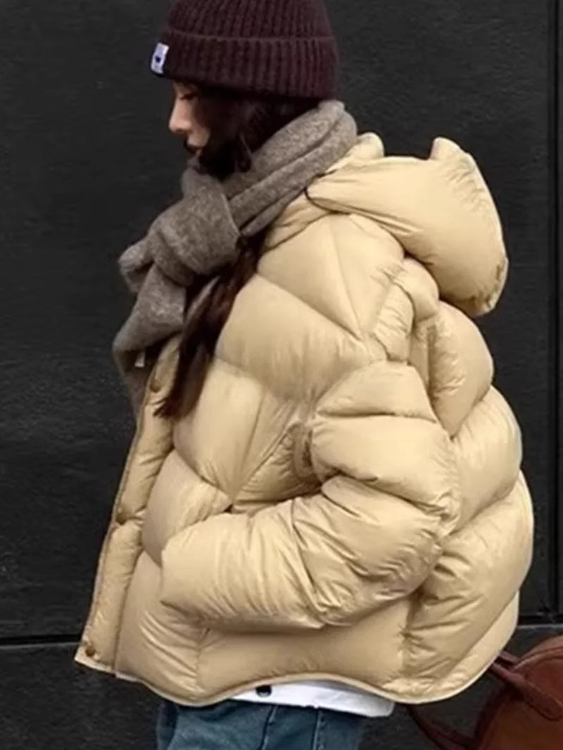 

ROUJE KEFSS Thickened Short Hooded down Jacket Women's Winter New Milk Tea Color Warm Outerwear Female Large Size Coat