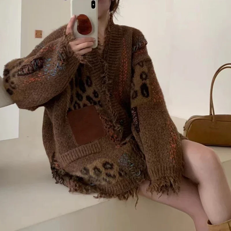 

American Vintage Cardigan Raw edge Leopard splice Pockets Harajuku Spicy Girl Sweaters Streetwear Autumn Winter Women's Clothing