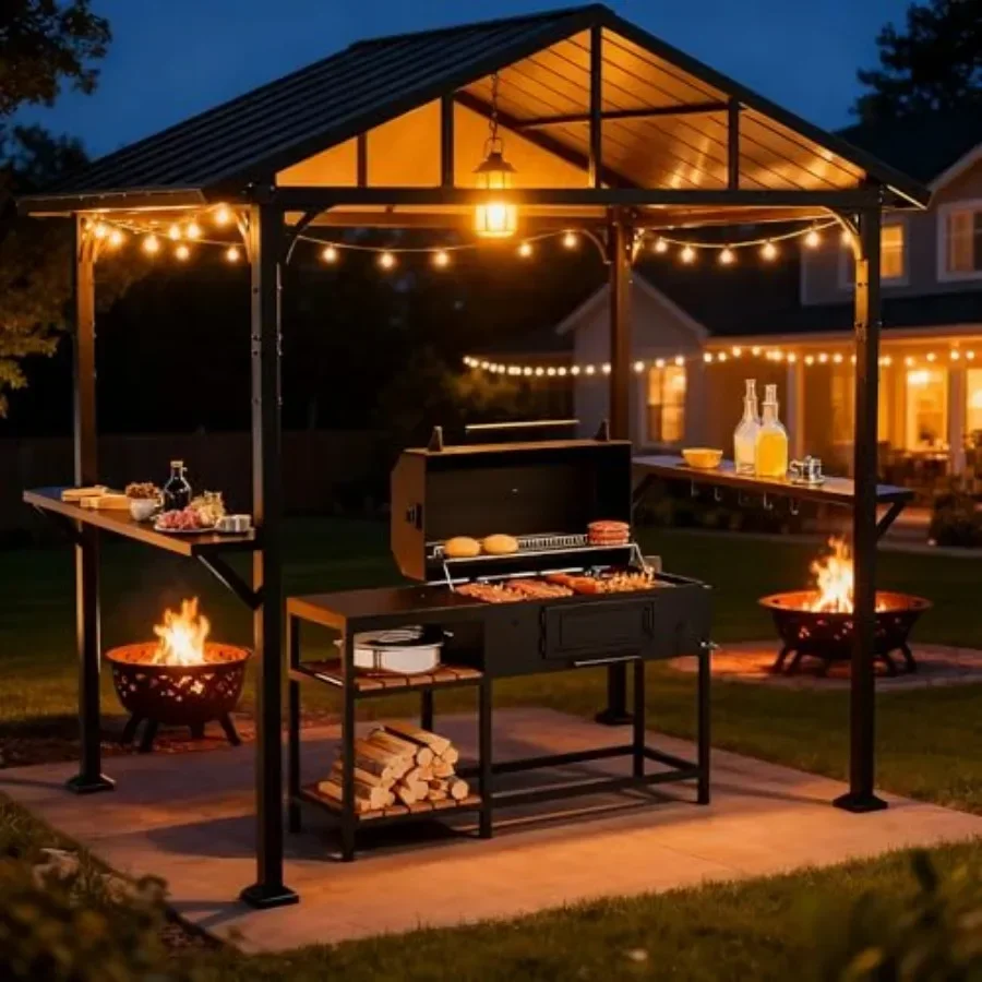 8' x 5' Hardtop Grill GazeboOutdoor BBQ  Shelter with 2 Side Shelves and 5 Side Hooks Patio Pavilion with Galvanized Steel Roof