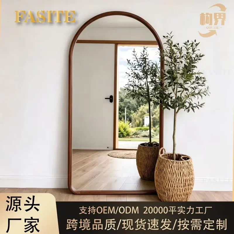 For French Solid Wood Arched Full Length Mirror Tempered Glass Floor Standing Mirror for Clothing Store Home Decor Internet
