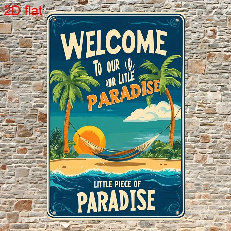 2D flat, 1pc vintage metal trim signagewelcome to paradise text|Durable, pre-perforated, easy to hanging,suitable for art