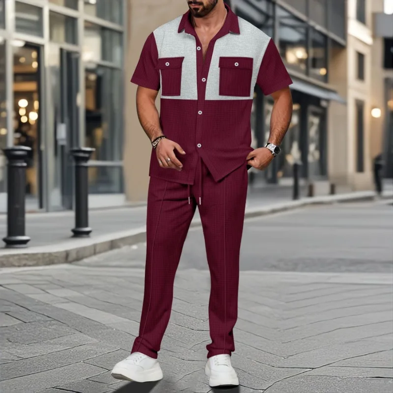 New Waffle Four-in-one Button-down Pocket Color-blocked Short-sleeved Shirt Trousers Two-piece Suit