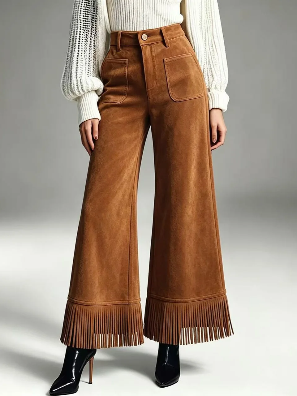 Women Suede High Waist Wide Leg Pants Fringe Hem Design with Pockets Button Zipper Western Style Vintage Casual Long Trousers
