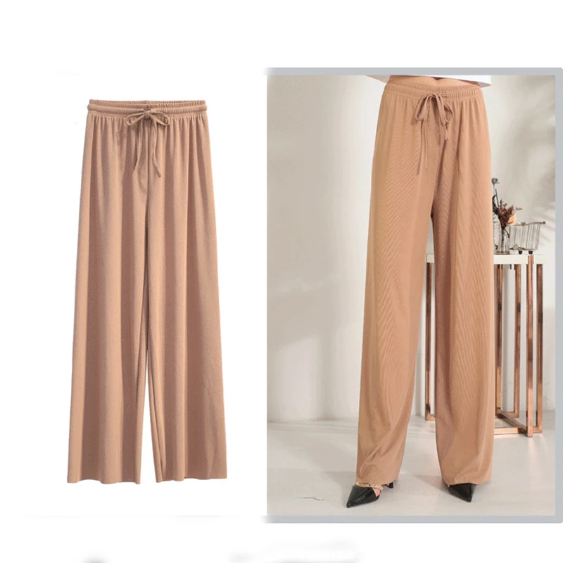 Women's Ice Silk Wide-legged Pants Summer High Waist Feeling Girls Students Nine Points Straight Skirt Thin Long Trousers Casual