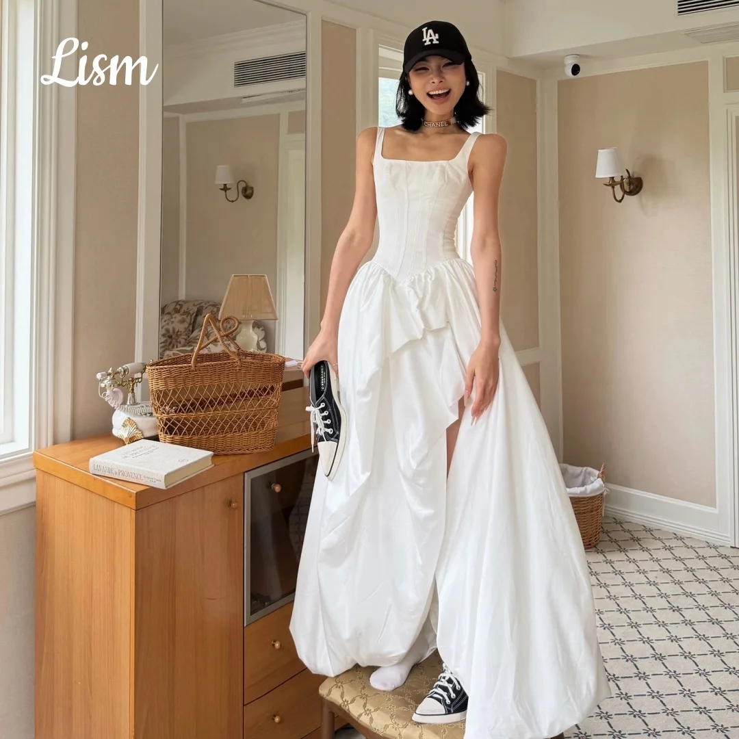 Lism Customized Sparky Korea Wedding Dress Square Collar High Low Side Slit Satin Photo shoot Bridal Reception Gown Party Gowns