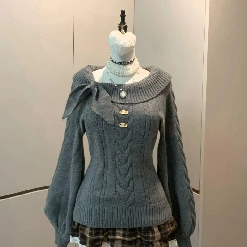 Y2K الكورية نمط القوس بلوفر مغزول الإناث الحلو اليابانية ضئيلة سترة مكتب سيدة الخريف الشتاء الصلبة أزياء وتتسابق