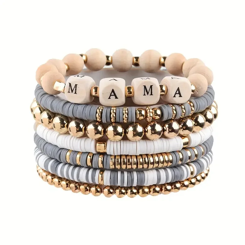 

Women's Bohemian MAMA Letter Bracelet Set Soft Clay Wooden Bead Stretch Stackable Beach Summer Colorful Jewelry​ Gift for Mom​