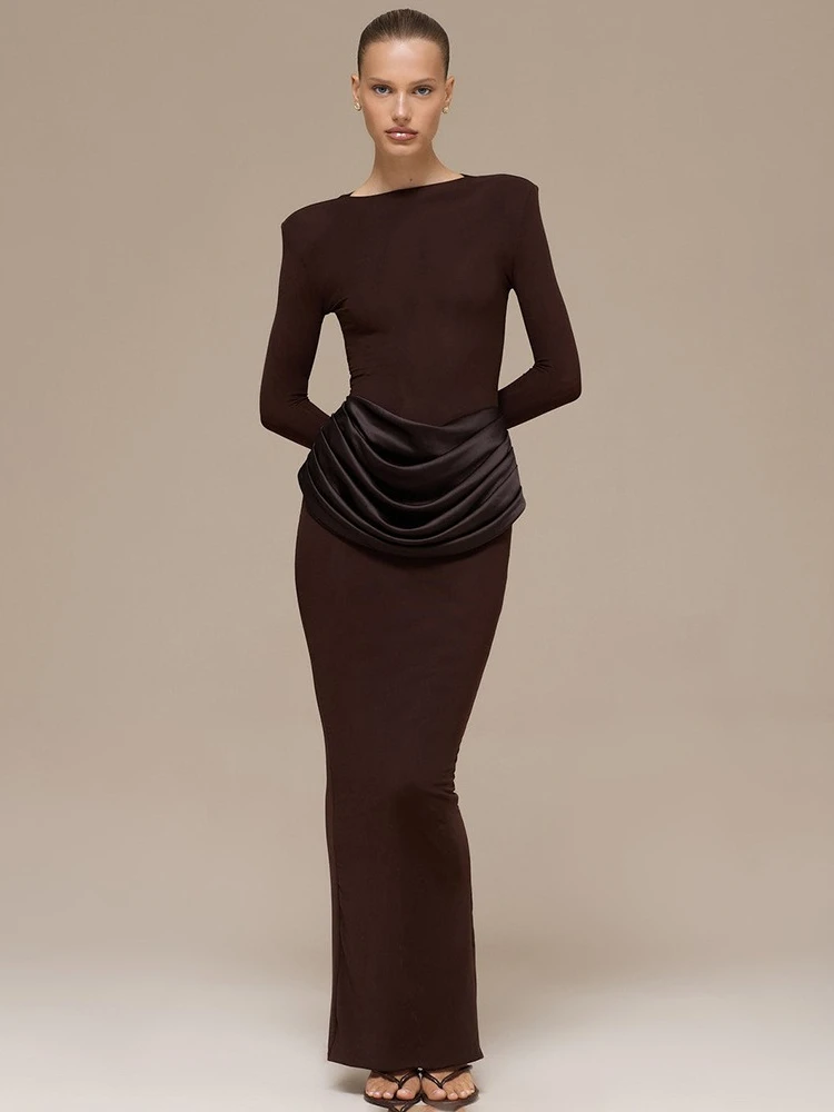 FDYOUI Abito da cocktail lungo da donna con scollo a O e maniche lunghe increspato Abito da sera aderente a vita alta da donna Abito elegante