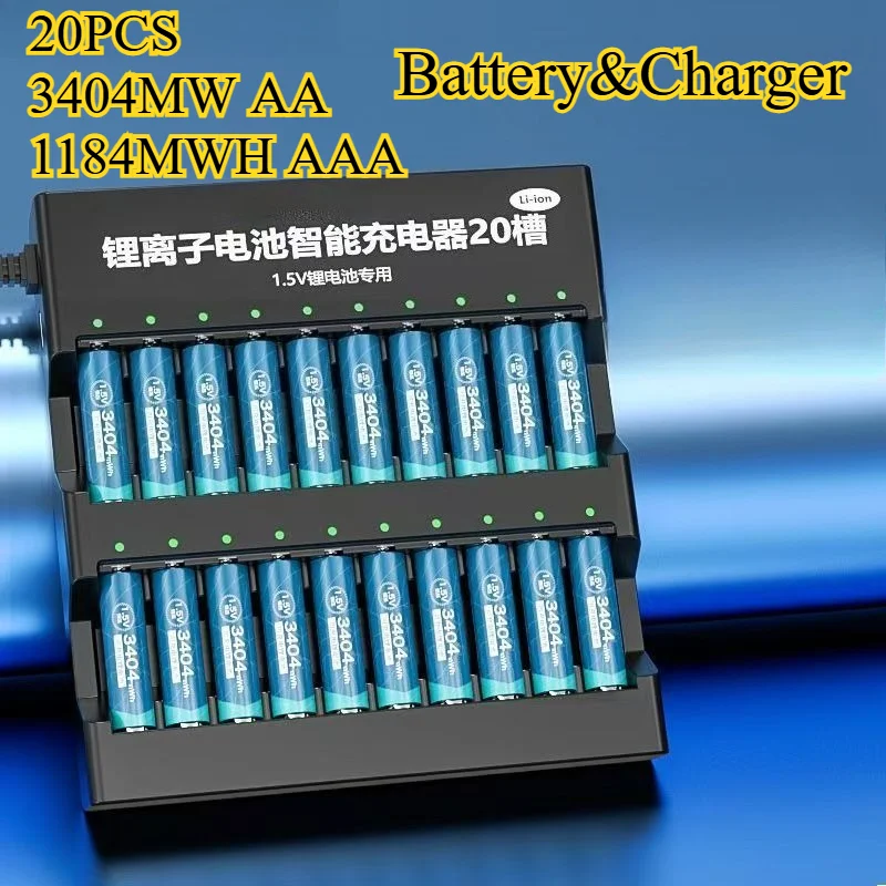 

20PCS 3404MW AA 1184MWH AAAUSB Rechargeable 1.5V Lithium Batteries with Charger Constant Voltage for Toys Flashlights